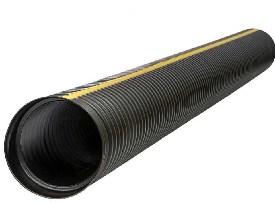 HDPE culvert pipe with yellow stripe — corrugated exterior, smooth interior