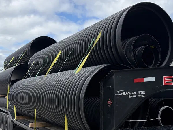 48 inch HDPE culvert pipe with smaller sizes nested inside, strapped on a trailer