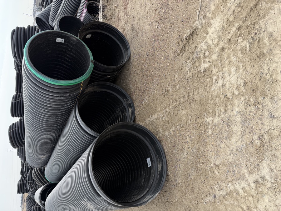Rows of HDPE culvert and drainage pipe in stock at the Swenson Supply yard